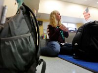 Skyla Lynk-Romano, 15, who suffered a traumatic brain injury when she was struck by a car on January 5th attends her first day of school at the Greater New Bedford Regional Vocational Technical High School after a long rehabilitation process at the Pappas Rehabilitation Hospital for Children in Canton, MA. On January 5, 2017, Skyla, a freshman at Greater New Bedford Regional Vocational-Technical High School, was crossing Dartmouth Street to meet her father after leaving the Dancer’s Edge studio when she was hit by a car and critically injured. The driver, Jessica Skaggs, 34, fled the scene before turning herself in. Skaggs has been sentenced to six months at the House of Corrections, but the sentense was suspended for two years. PHOTO PETER PEREIRA